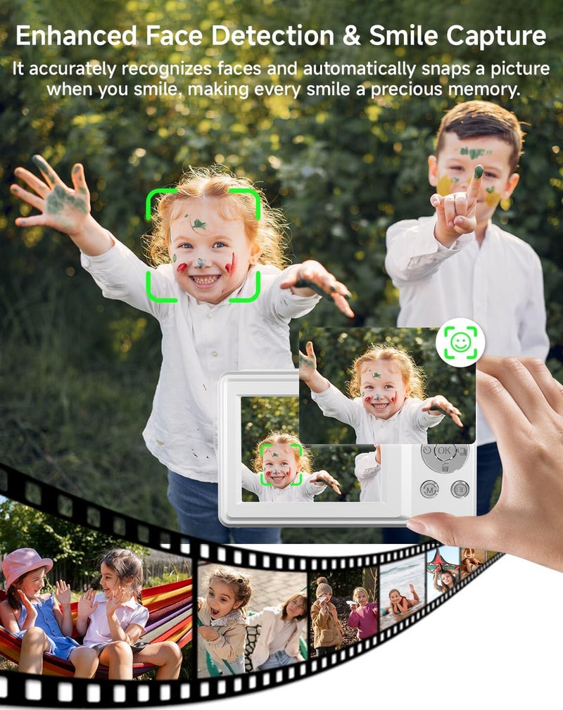 SMARTKLIK Digital Camera for Kids, FHD 1080P 44MP Point and Shoot Digital Camera with Face Detect, Smile Capture, 18X Zoom, 20 Filters, Anti Shake, 32GB SD Card White Compact Vintage Camera for Kids Boys Girls - Image 5